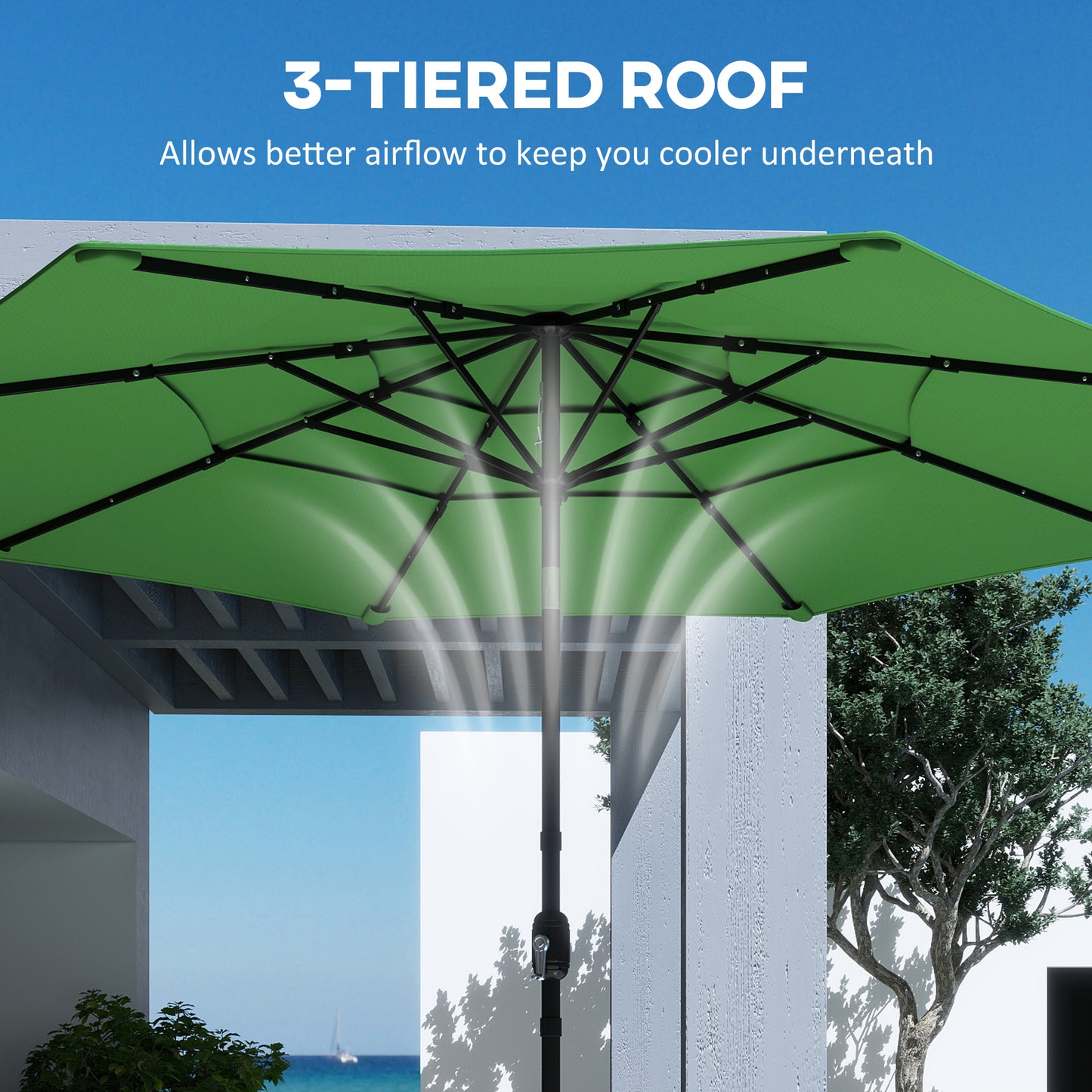 Garden Parasol, Parasol Umbrella with 3-tier Roof, Crank Handle, Tilt Function, Polyester Canopy, Green