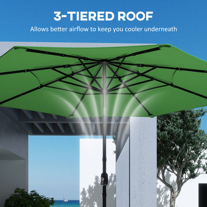 Garden Parasol, Parasol Umbrella with 3-tier Roof, Crank Handle, Tilt Function, Polyester Canopy, Green