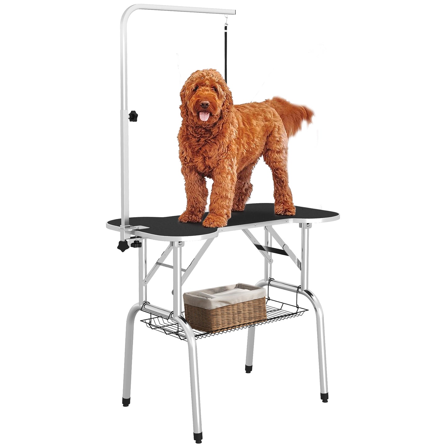 Foldable Dog Grooming Table Pet Drying Table with Adjustable Arm Non-Slip Rubber Tabletop Aluminium Alloy Edge Stainless Stee