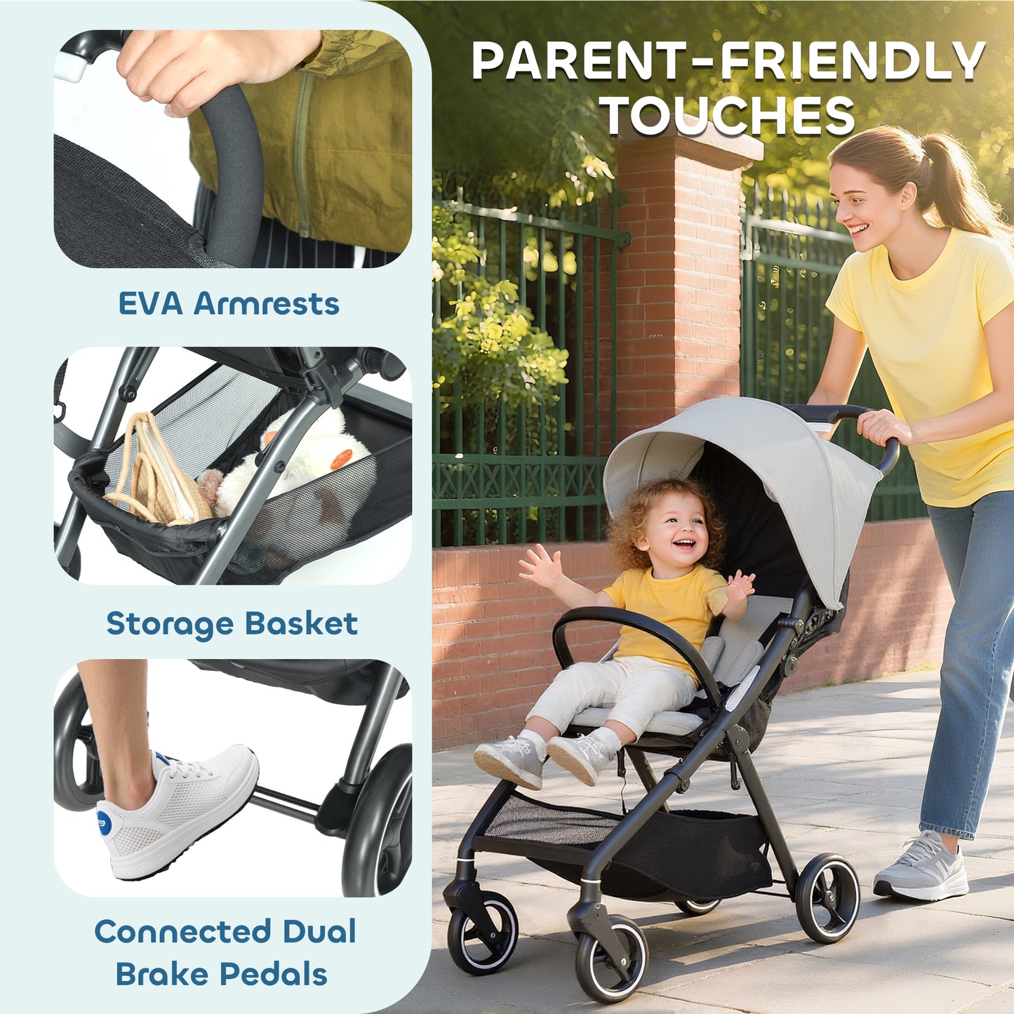 Travel Stroller, Lightweight Pushchair, Compact Buggy with Canopy, Basket and Multi-Position Recline, Light Grey
