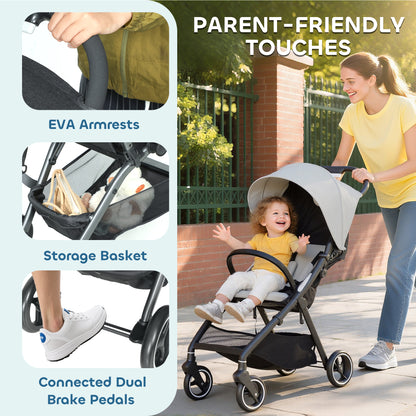 Travel Stroller, Lightweight Pushchair, Compact Buggy with Canopy, Basket and Multi-Position Recline, Light Grey