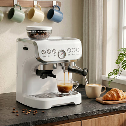 15 Bar Coffee Machine, with Adjustable Grind, Steamer and Accessories - White