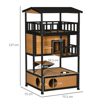 Wooden Outdoor Cat House, 3-Tier Cat Shelter with Tilted Roof, Terrace, Jump Step, Bottom Tray and Elevated Base