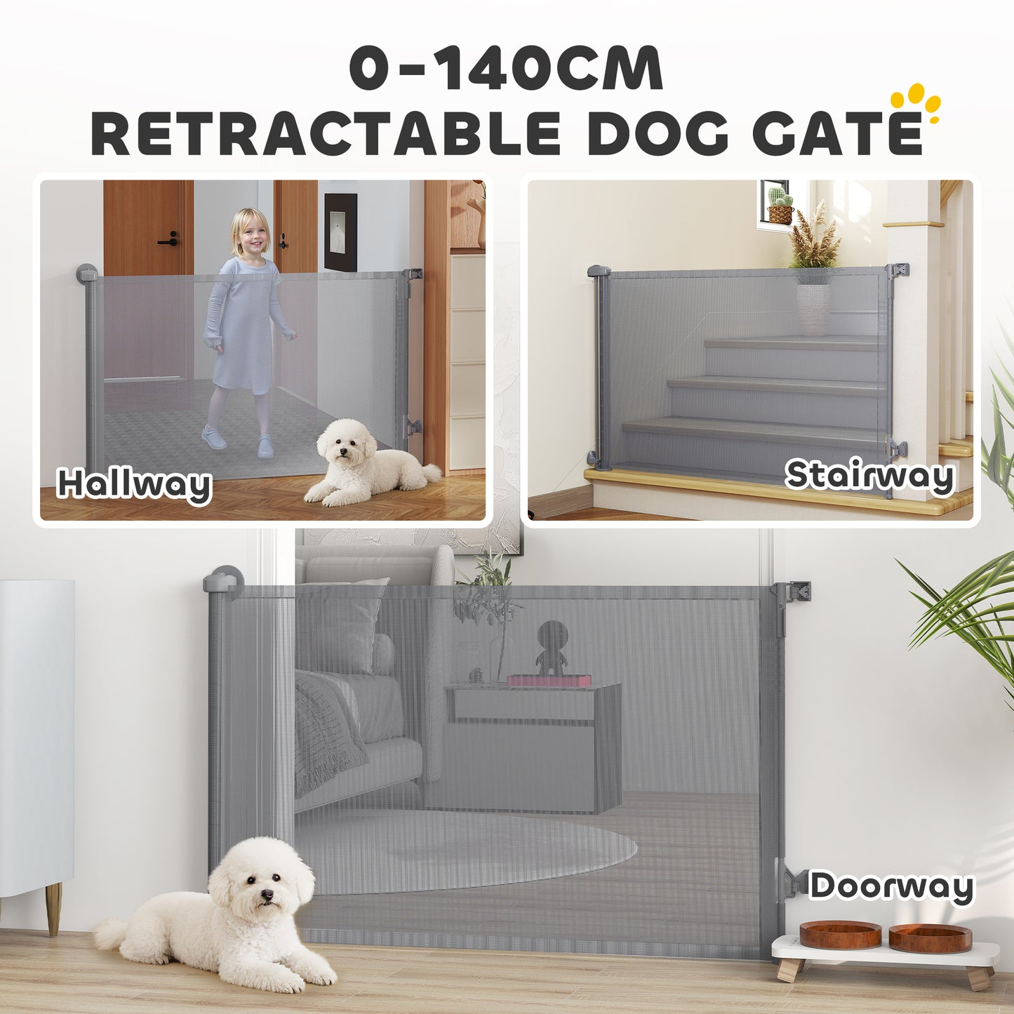 Retractable Dog Gate, Extends to 140 cm Wide & 93 cm Tall, Mesh Pet Gate with Single Hand Operation, for Stairs Doorways