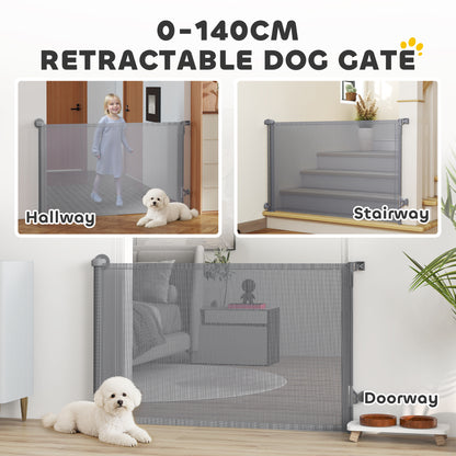 Retractable Dog Gate, Extends to 140 cm Wide & 93 cm Tall, Mesh Pet Gate with Single Hand Operation, for Stairs Doorways