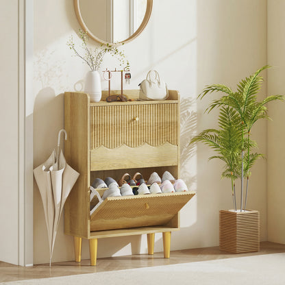 Narrow Shoe Cabinet, Modern Shoe Storage Cabinet with 2 Flip Drawers, Oak