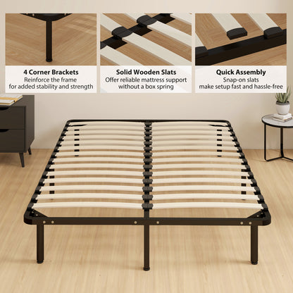 4ft6 Double Bed Frame, Metal Platform Bed Frame with 2 x 14 Wood Slats, No Box Spring Needed, Underbed Storage, Black