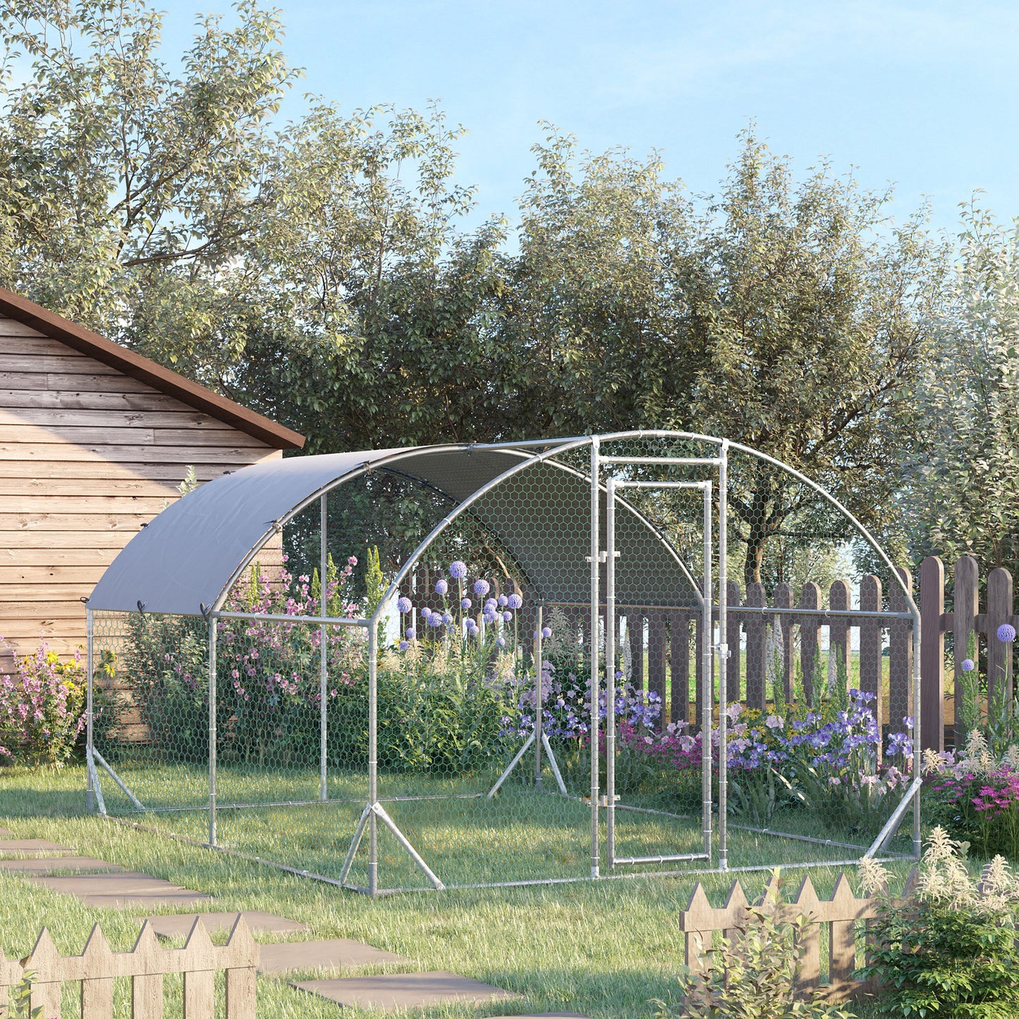 2.8 x 3.8 x 2m Walk In Chicken Run Galvanised Chicken Coop with Water-Resist Cover, Silver