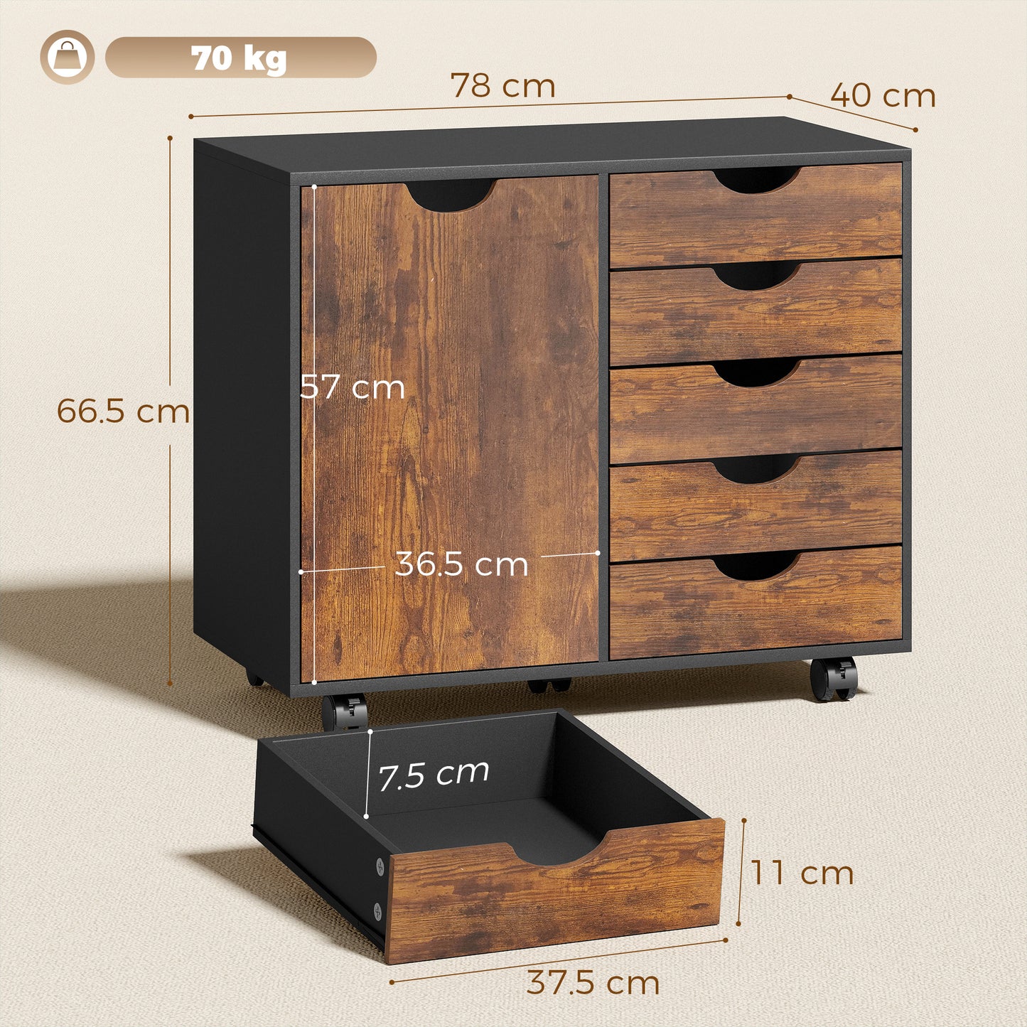 Multi-Storage Mobile Office Storage Cabinet - Rustic Brown
