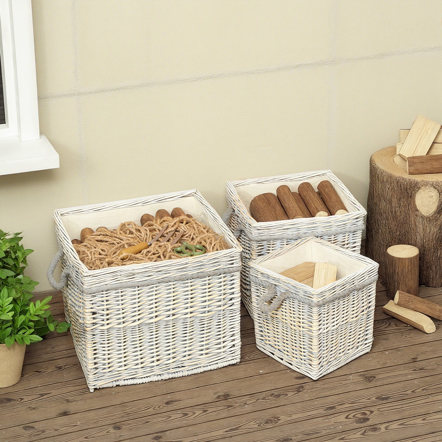 Set of 3 Log Baskets for Wood Burner Indoor, Storage Basket with Lining and Rope Handles, Wicker Basket for Fireside Storage