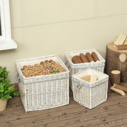 Set of 3 Log Baskets for Wood Burner Indoor, Storage Basket with Lining and Rope Handles, Wicker Basket for Fireside Storage