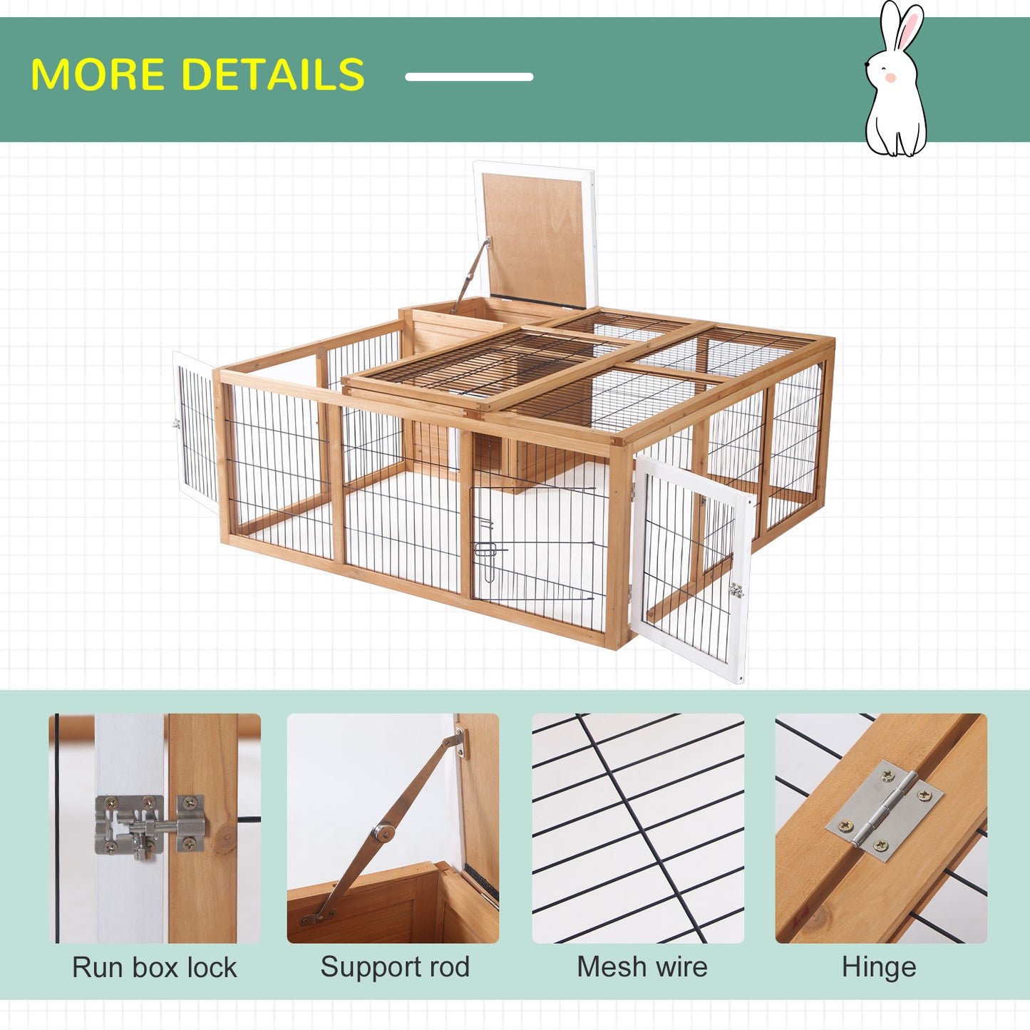 Rabbit Hutch Outdoor, Guinea Pig House, Bunny Run Cage with Openable Top for 1–2 Rabbits, 123 x 120 x 52cm, Yellow