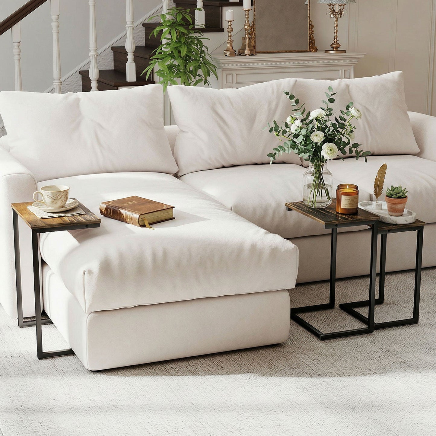 Nesting Side Tables Set of 3, C-Shaped Snack Side Tables with Steel Frame for Sofa Couch and Bed, Rustic Brown