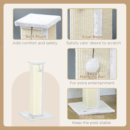 81cm Cat Scratcher, Vertical Full Scratcher w/ Natural Sisal Rope, Hanging Ball, Soft Plush - White