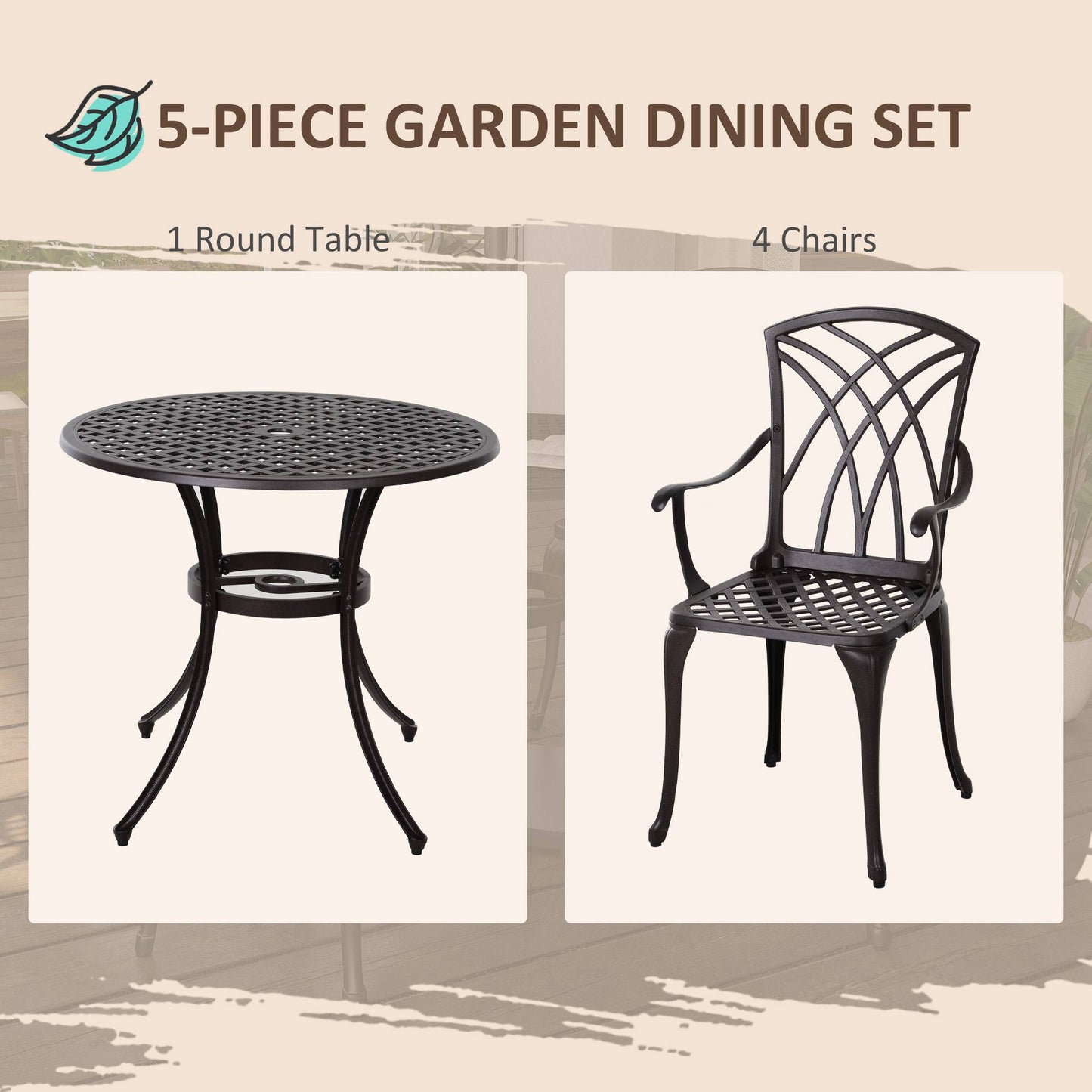 5 Pieces Garden Dining Set for 4, Cast Aluminium Outdoor Dining Set with 4 Armchairs and Round Dining Table with Parasol Hole