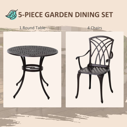 5 Pieces Garden Dining Set for 4, Cast Aluminium Outdoor Dining Set with 4 Armchairs and Round Dining Table with Parasol Hole