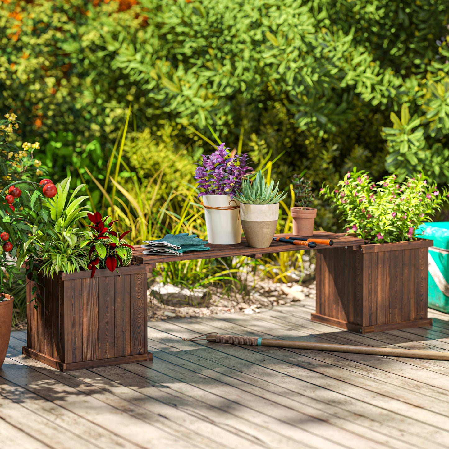 Wooden Garden Planter & Bench Combination Garden Raised Bed Patio Park Carbonised Finish 176 x 38 x 40 cm