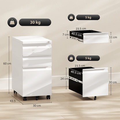 3-Drawer Steel Filing Cabinet with Lock and Wheels - White