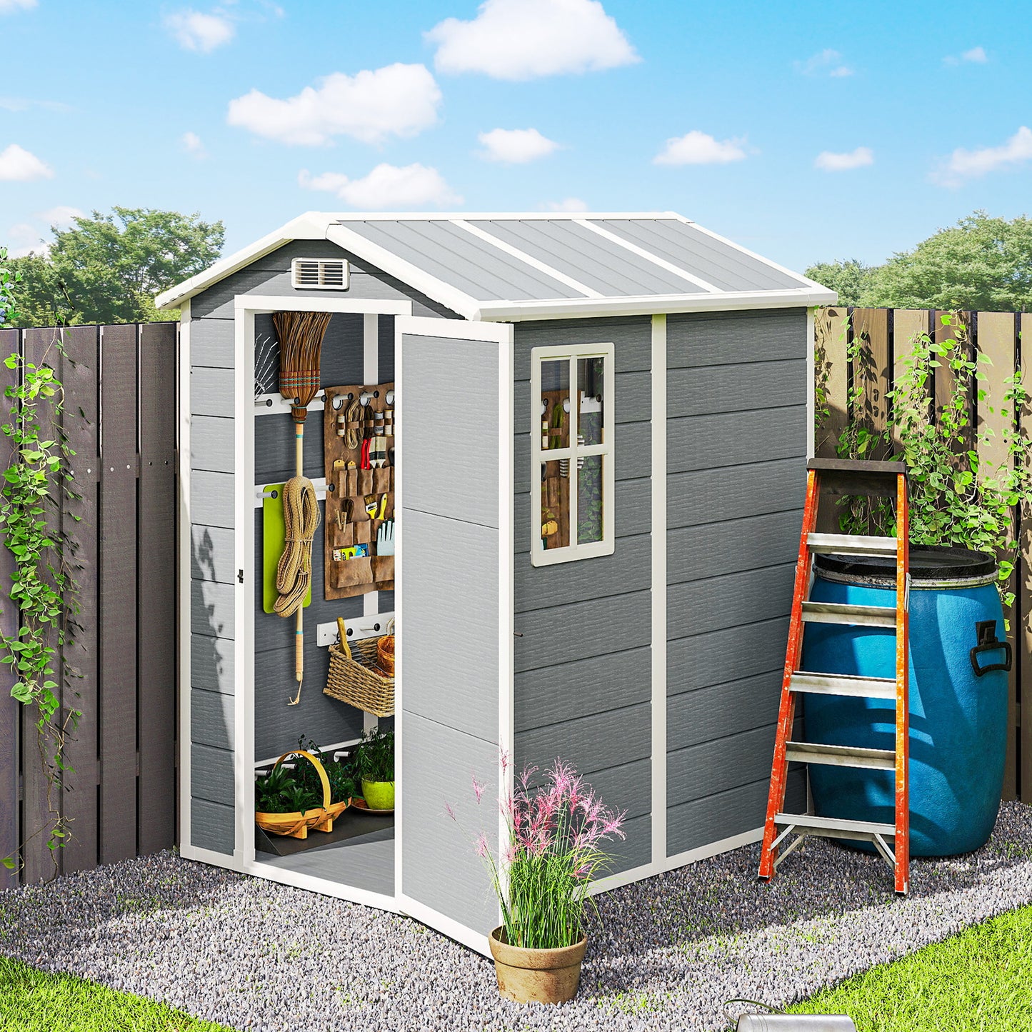 4 x 6ft Garden Shed, Plastic Shed with Floor, Window, Lockable Door and Vents, Resin Tool Shed for Outdoor Patio Storage