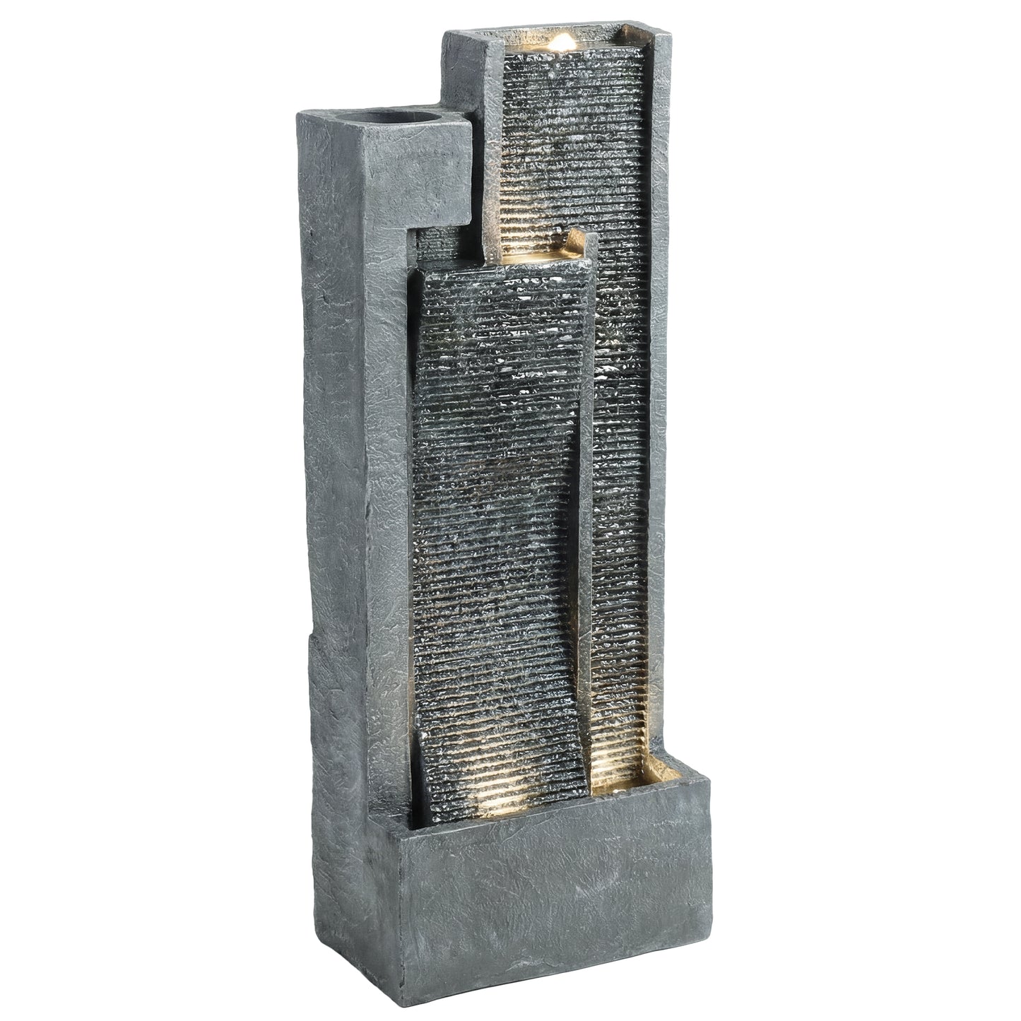 Water Feature with LED Lights and Planter, 3-Tier Garden Water Fountain with Pump, Resin Waterfall Feature, Dark Grey