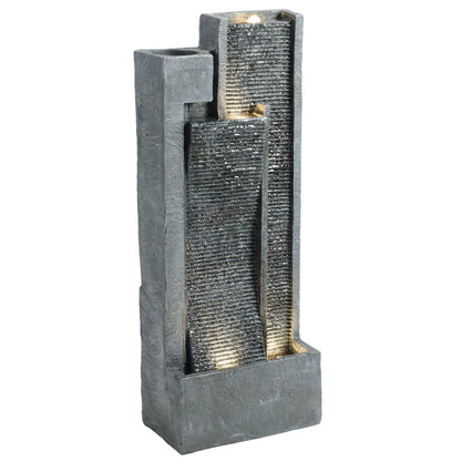 Water Feature with LED Lights and Planter, 3-Tier Garden Water Fountain with Pump, Resin Waterfall Feature, Dark Grey