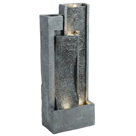 Water Feature with LED Lights and Planter, 3-Tier Garden Water Fountain with Pump, Resin Waterfall Feature, Dark Grey