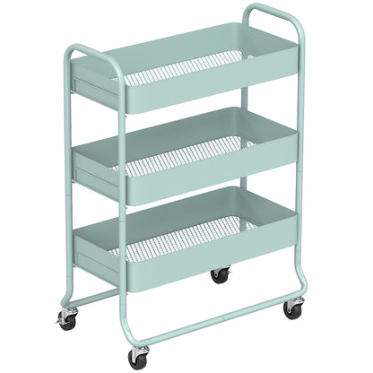 3-Tier Storage Trolley on Wheels, Rolling Utility Cart with Mesh Backets for Kitchen, Bathroom, Bedroom, Light Green