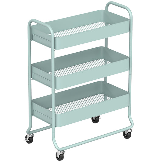 3-Tier Storage Trolley on Wheels, Rolling Utility Cart with Mesh Backets for Kitchen, Bathroom, Bedroom, Light Green