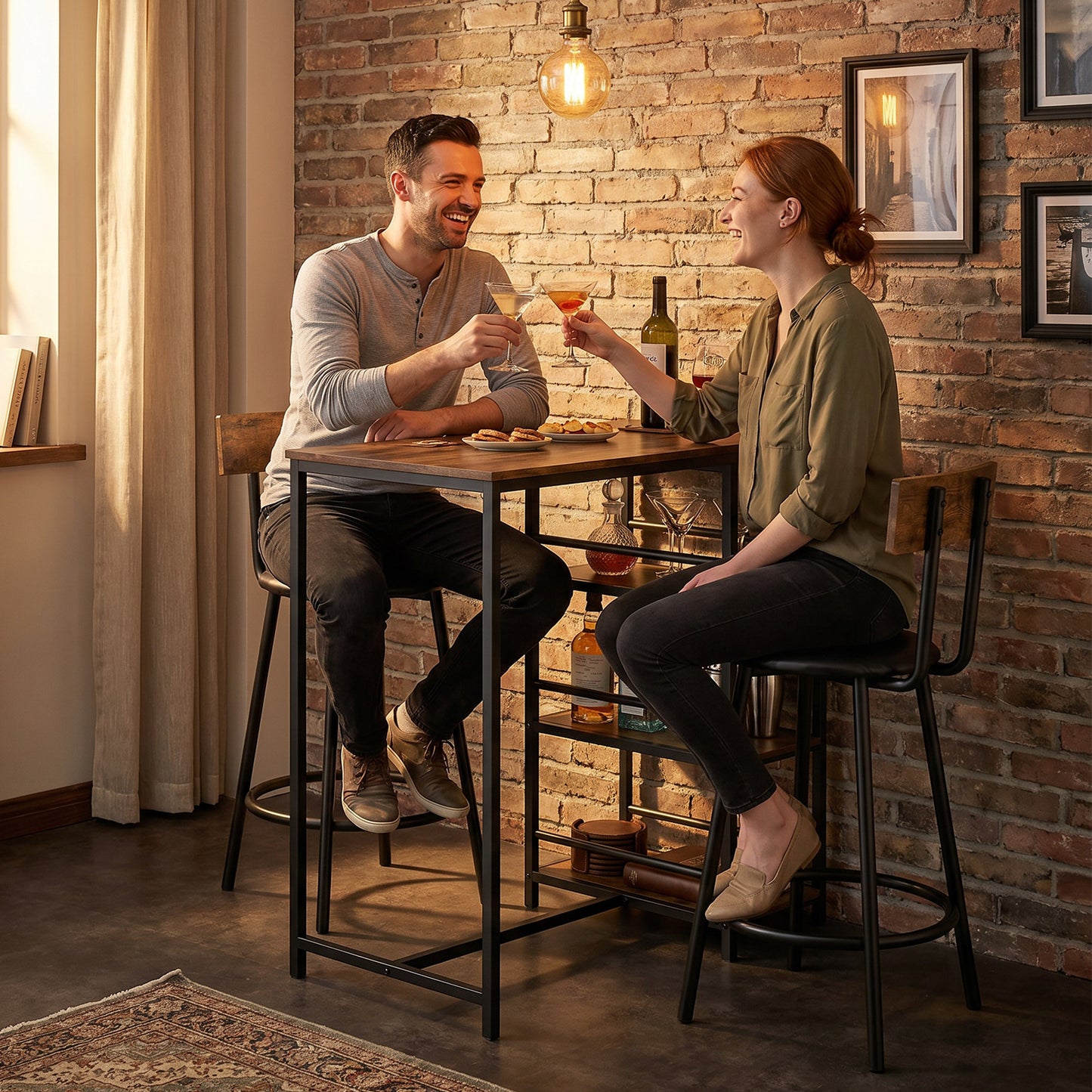 Space Saving Bar Table and PU Leather Stools for 2, 3 Piece Breakfast Bar Table Set with Storage Shelves, Rustic Brown