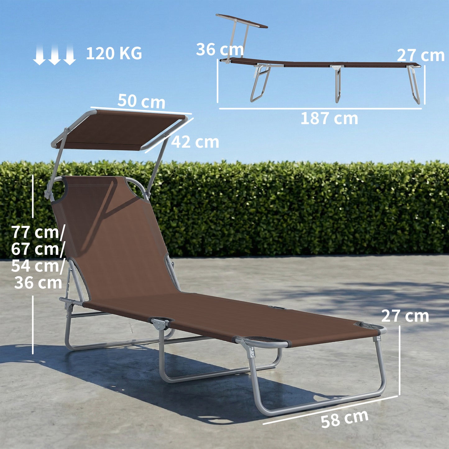 Folding Sun Lounger with Canopy, Reclining Sunbed with 4-Position Adjustable Backrest, 600D Oxford Cloth
