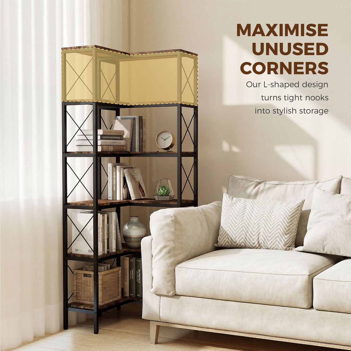 5-Tier L-Shaped Bookshelf, Freestanding Corner Bookcase with Metal Frame, Rustic Brown