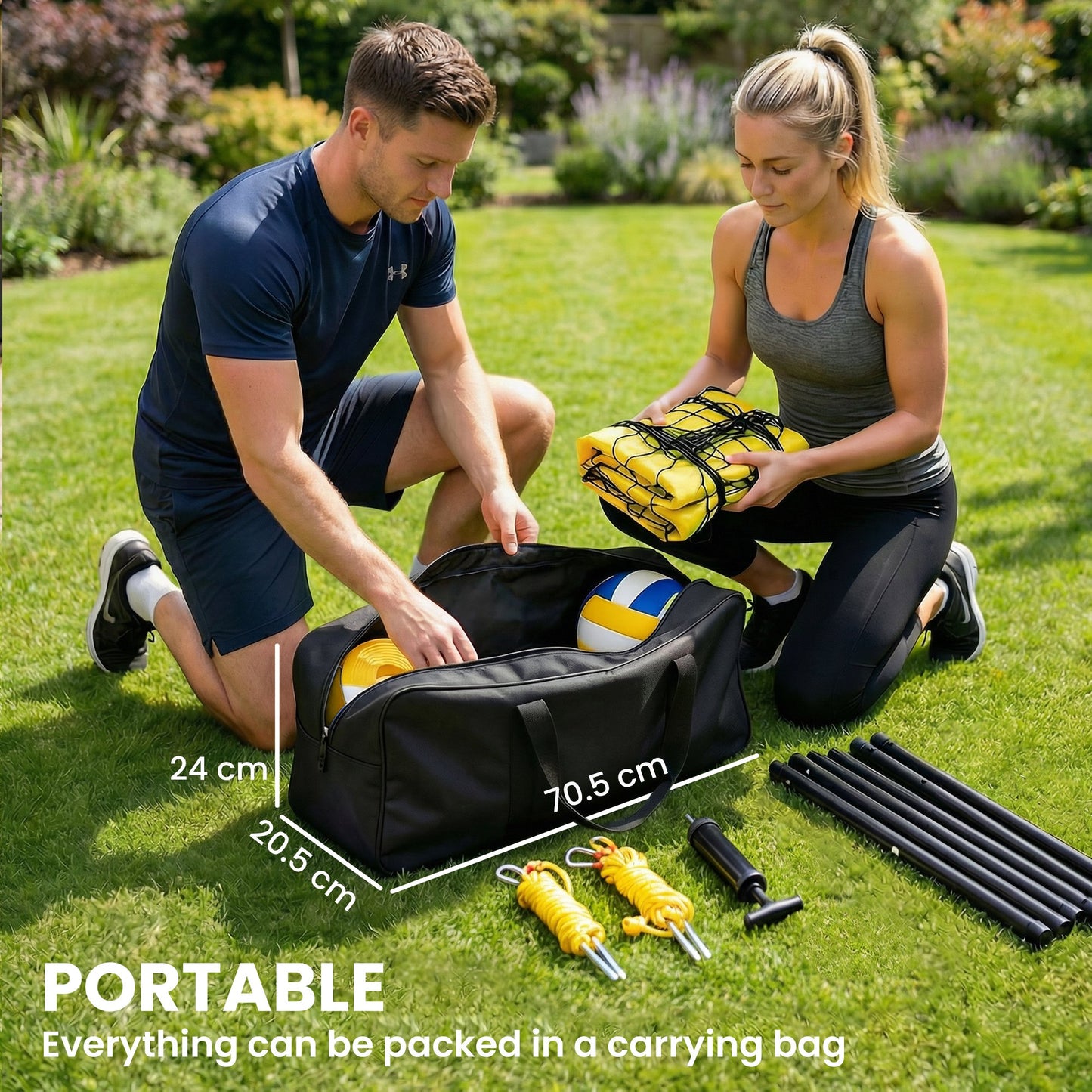 Portable Volleyball Net Set with Adjustable Height Steel Poles, Volleyball, Boundary Line and Carrying Bag for Beach