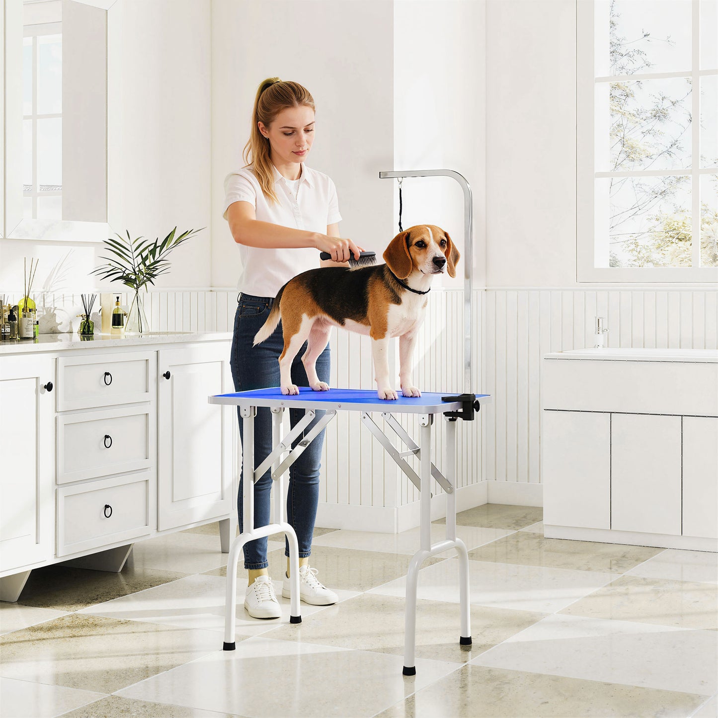 32" Foldable Dog Grooming Table Pet Drying Beauty Table Adjustable Fixed Arm Rubber Top, Blue
