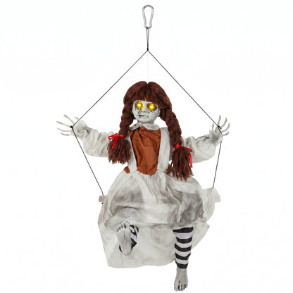 80 cm Halloween Animated Hanging Creepy Girl on Swing Decoration, Kicking Legs, Sound and Touch Activated