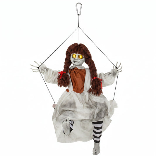 80 cm Halloween Animated Hanging Creepy Girl on Swing Decoration, Kicking Legs, Sound and Touch Activated