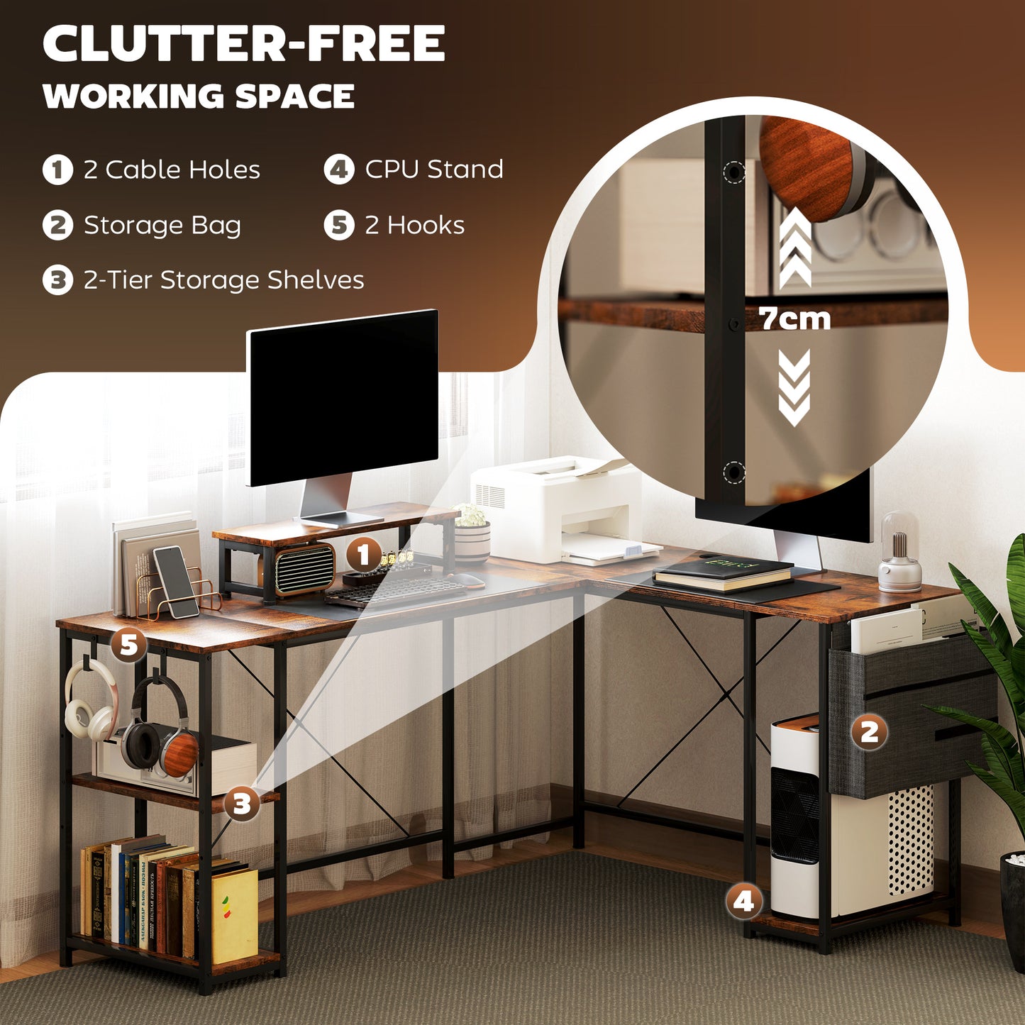 168cm Reversible L Shaped Desk, Industrial Corner Computer Desk with Adjustable Shelf and Storage Bag