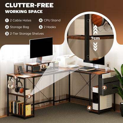 168cm Reversible L Shaped Desk, Industrial Corner Computer Desk with Adjustable Shelf and Storage Bag