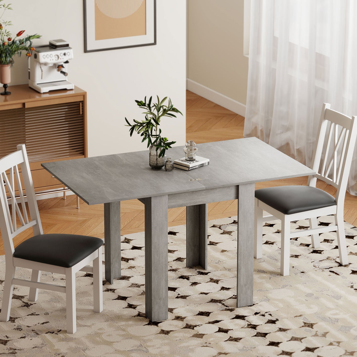 Folding Dining Table for 4-6, Rectangular Extendable Drop Leaf Table for Small Spaces, 140 x 80 x 77.5 cm, Grey