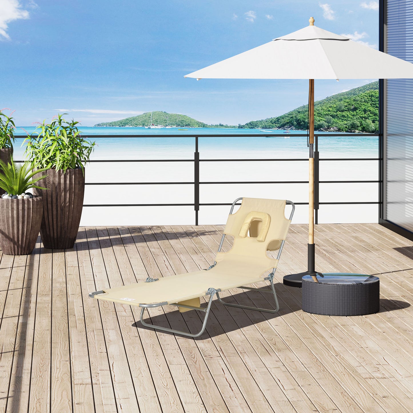 Foldable Sun Lounger, Beach Chaise Lounge with Reading Hole, Arm Slots, 5-Position Adjustable Backrest, Side Pocket