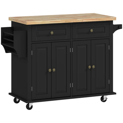 Rolling Kitchen Island Storage Trolley with Rubber Wood Top & Drawers for Dining Room, Black