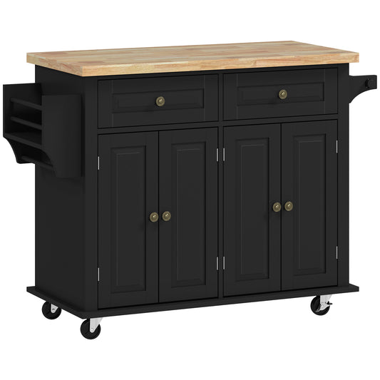 Rolling Kitchen Island Storage Trolley with Rubber Wood Top & Drawers for Dining Room, Black