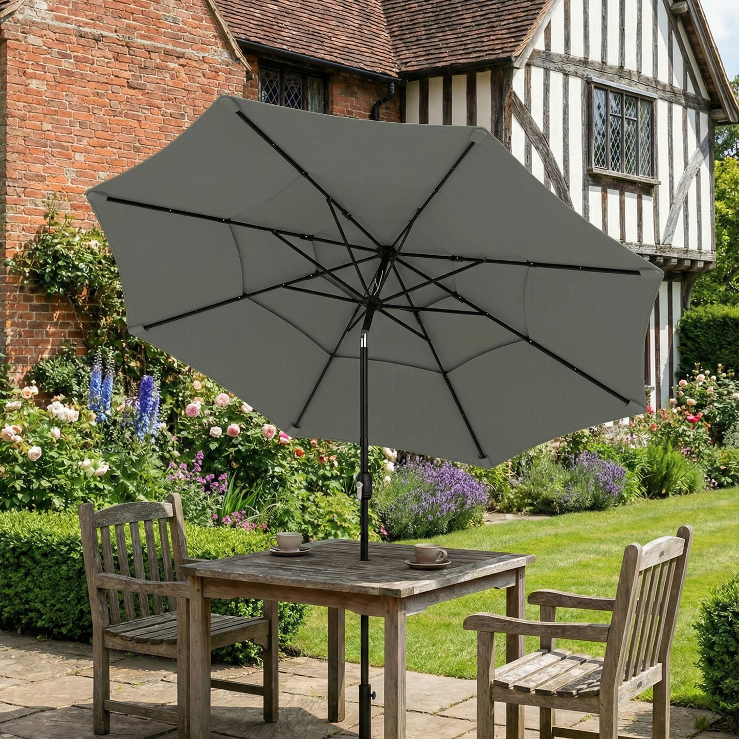 Garden Parasol, Parasol Umbrella with 3-tier Roof, Crank Handle, Tilt Function, Polyester Canopy, Grey