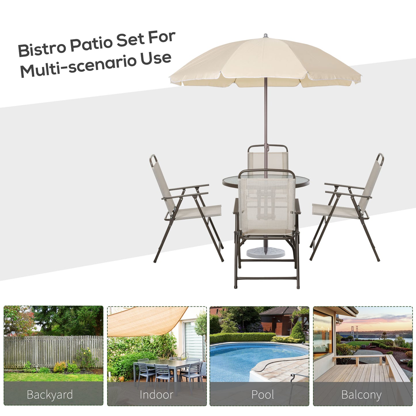 Garden Patio Texteline Folding Chairs Plus Table and Parasol Furniture Bistro Set 6 Pieces - Coffee/Cream