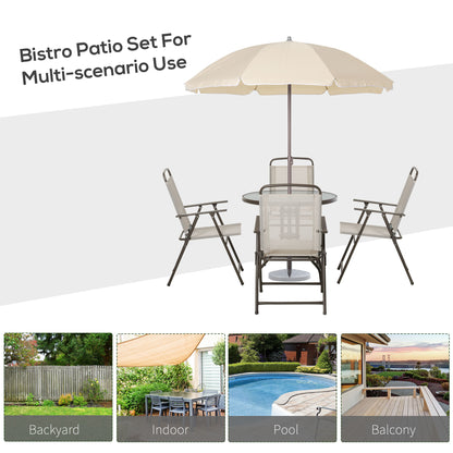 Garden Patio Texteline Folding Chairs Plus Table and Parasol Furniture Bistro Set 6 Pieces - Coffee/Cream