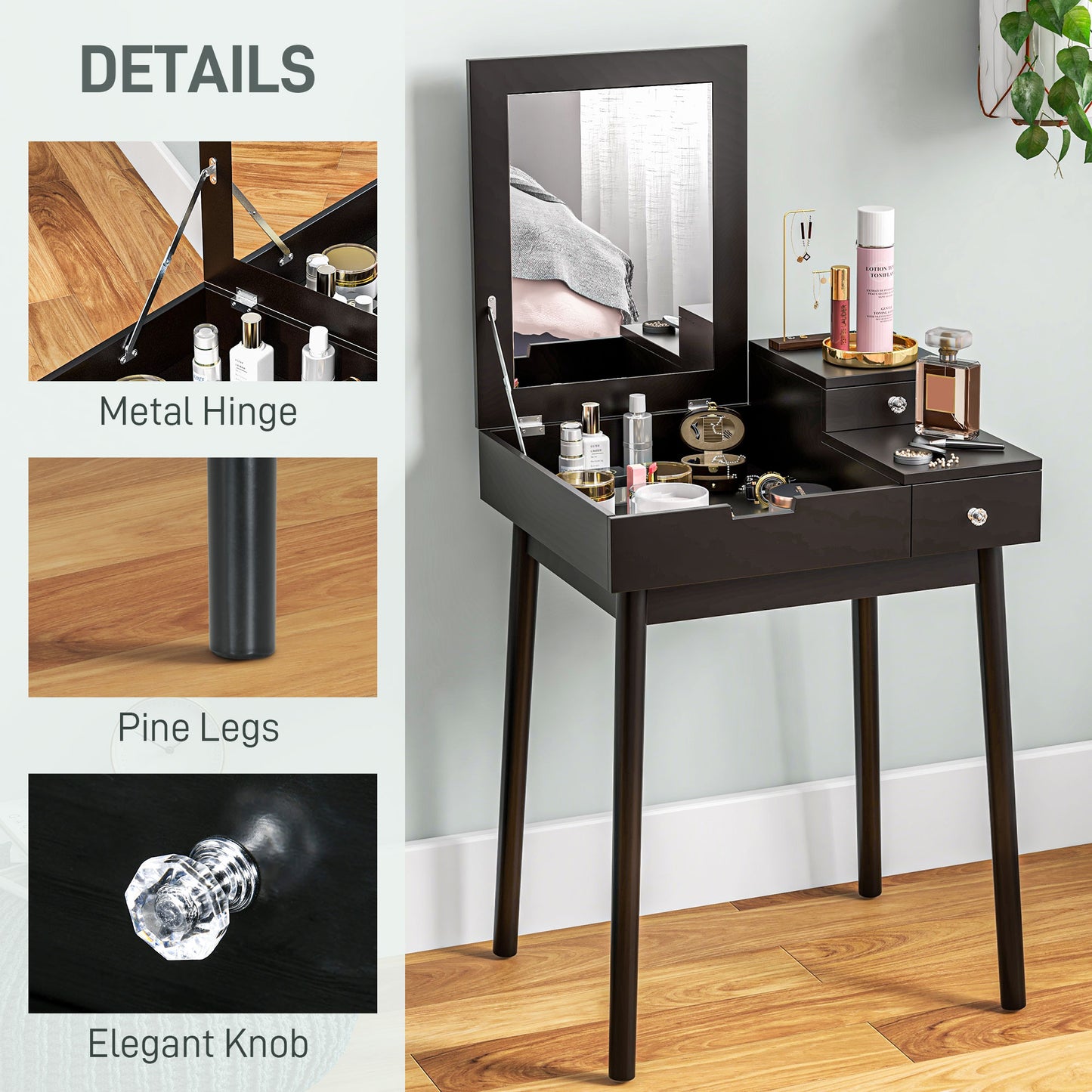 Dressing Table with Flip-up Mirror, Makeup Desk with 2 Drawers and Pine Wood Legs