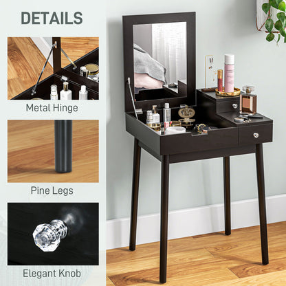 Dressing Table with Flip-up Mirror, Makeup Desk with 2 Drawers and Pine Wood Legs