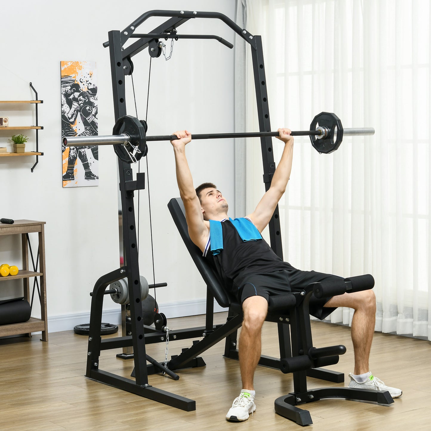 Smith Machine & Cable Pulley System with Adjustable Weight Bench, Multifunction Home Gym Power Rack