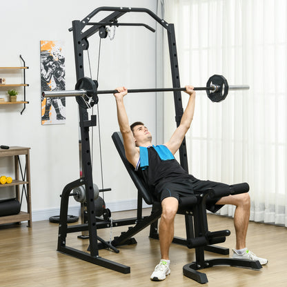 Smith Machine & Cable Pulley System with Adjustable Weight Bench, Multifunction Home Gym Power Rack