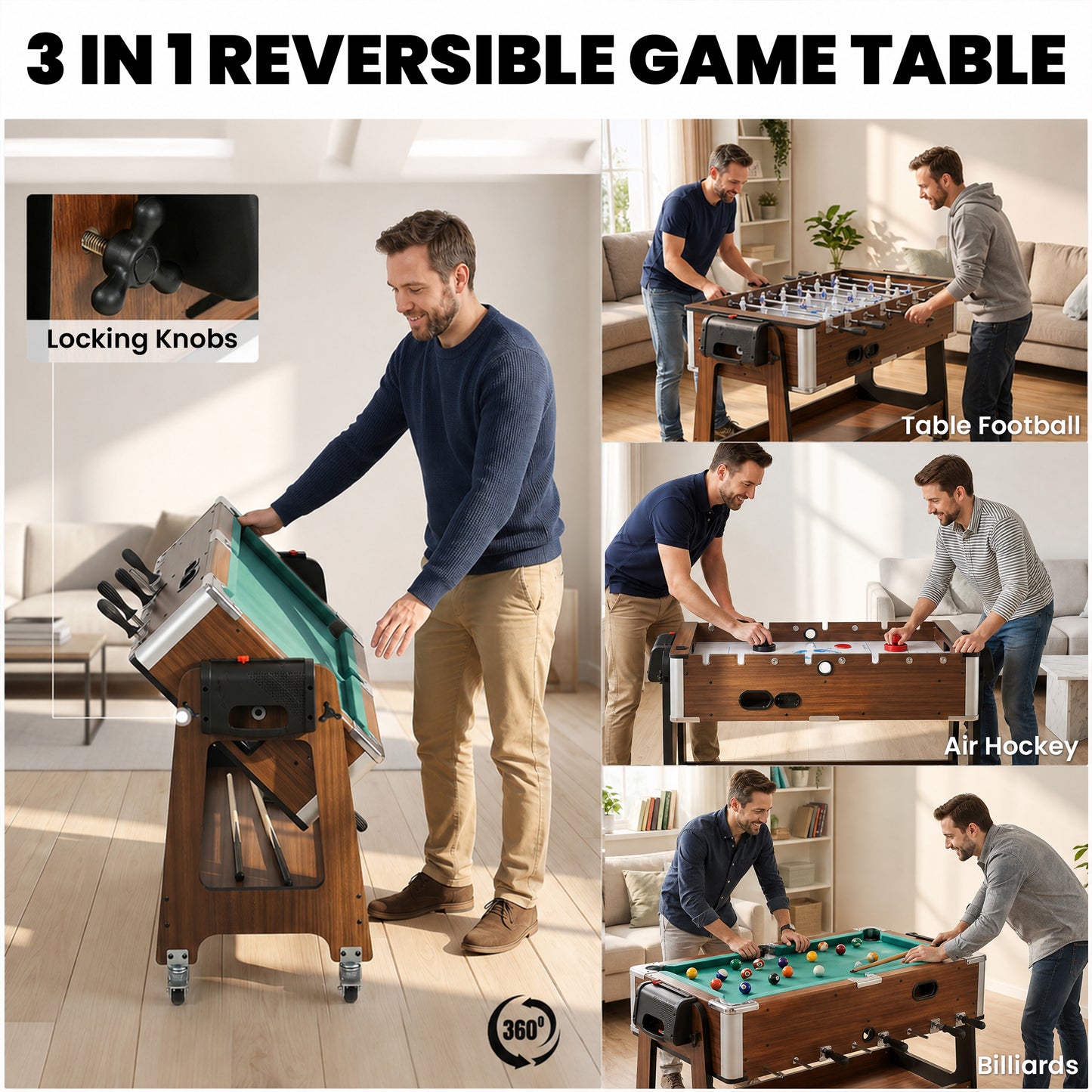 3 in 1 Multi Game Table, 3.4ft Reversible Air Hockey Pool Football Games Table with Lockable Wheels, Storage Shelf