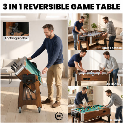 3 in 1 Multi Game Table, 3.4ft Reversible Air Hockey Pool Football Games Table with Lockable Wheels, Storage Shelf